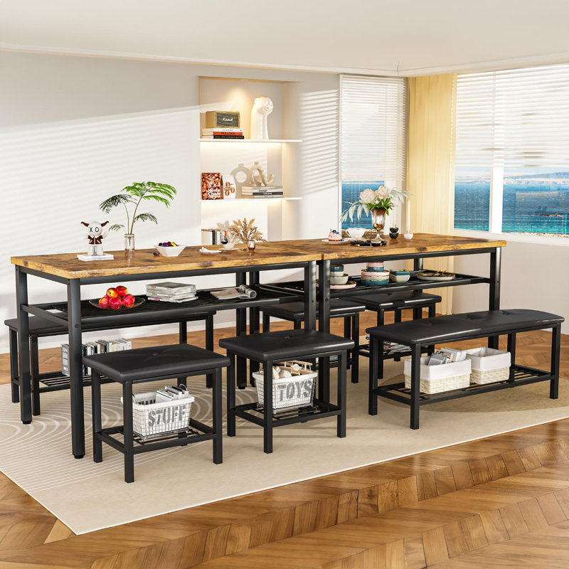 17 Stories Dining Table Set For 4 Industrial Dining Table Set With Bench And 2 Short Stool Dinner Table With Metal Frame And Storage Shelf Kitchen